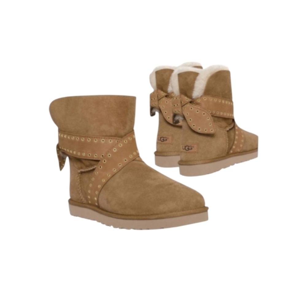 UGG Shearling Cameron Grommet Bow Chestnut Brown 6in Ankle Boot Winter Woman 9